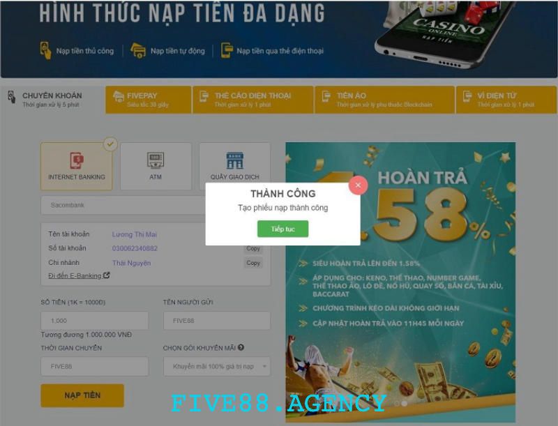 Rút tiền Five88